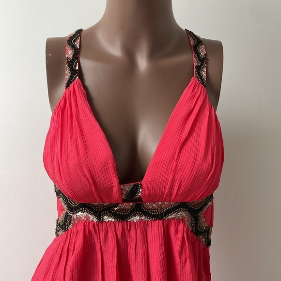 Seduce Silk Midi Dress Coral Pink Black Gold Beads Sequins sleeveless 2 - Picture 2 of 9